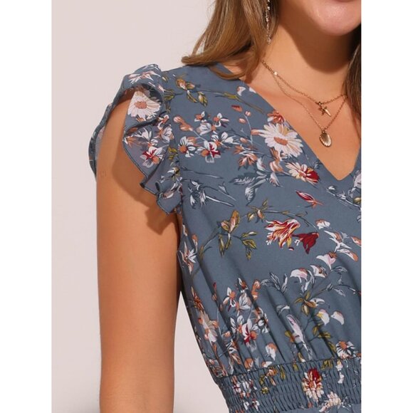 Women's Floral Summer Dress Lightweight Chiffon V-Neck Ruffle Smocked - Picture 5 of 5